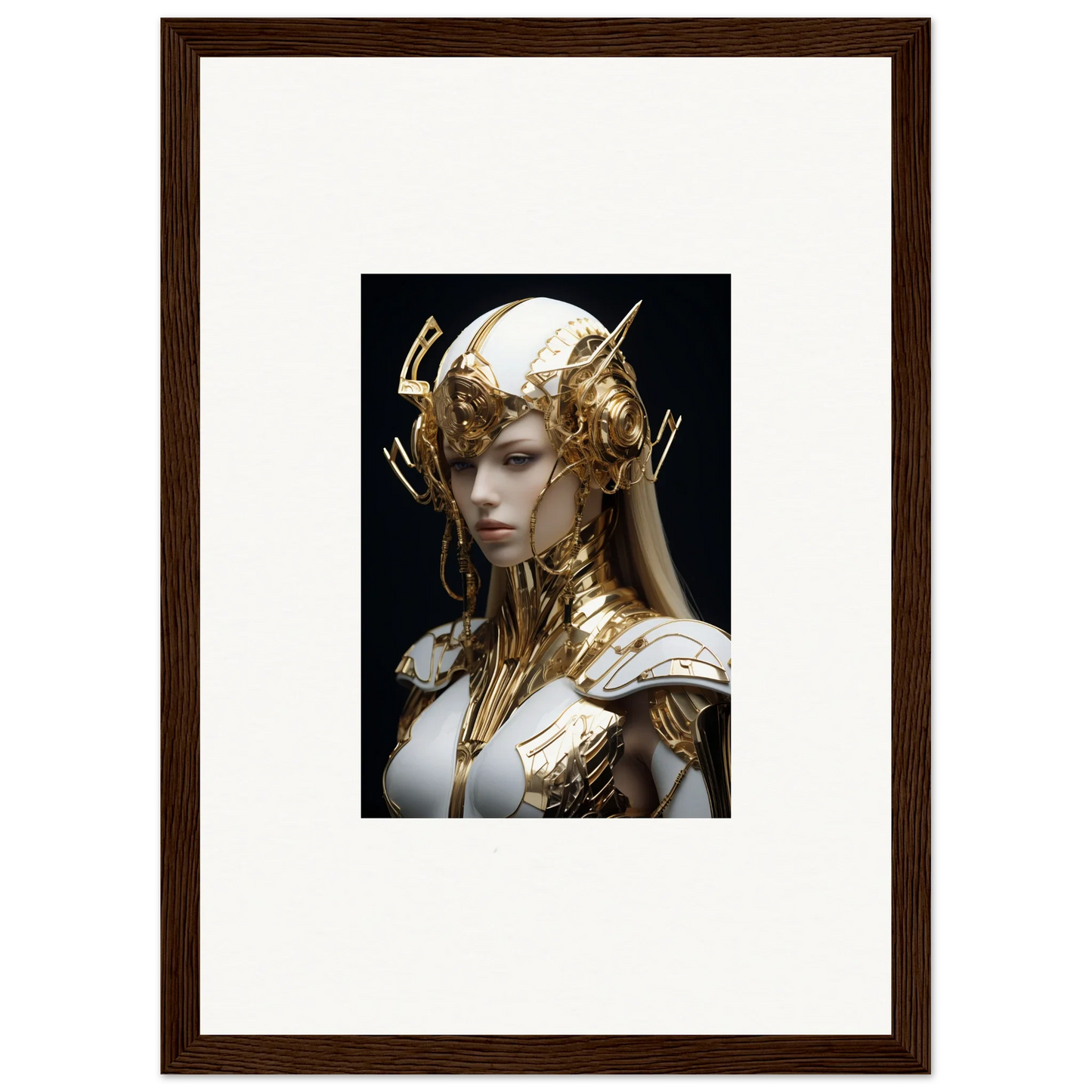 Framed wall art showcasing Gilded Elo Crowne with golden headpiece and armor for room decor