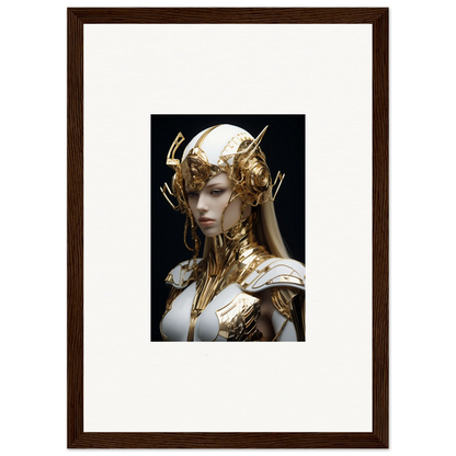 Framed wall art showcasing Gilded Elo Crowne with golden headpiece and armor for room decor