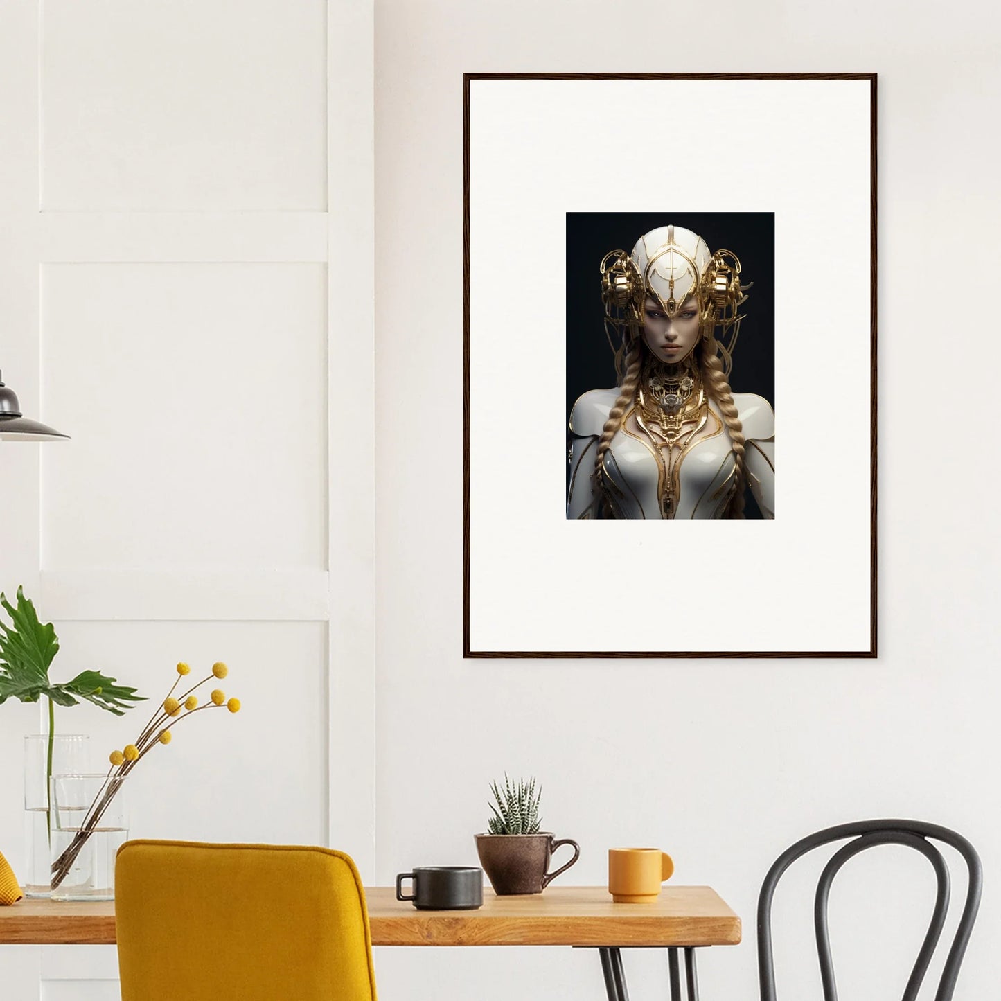 Framed wall art of a gilded cosmos figure with ornate headdress for unique room decor