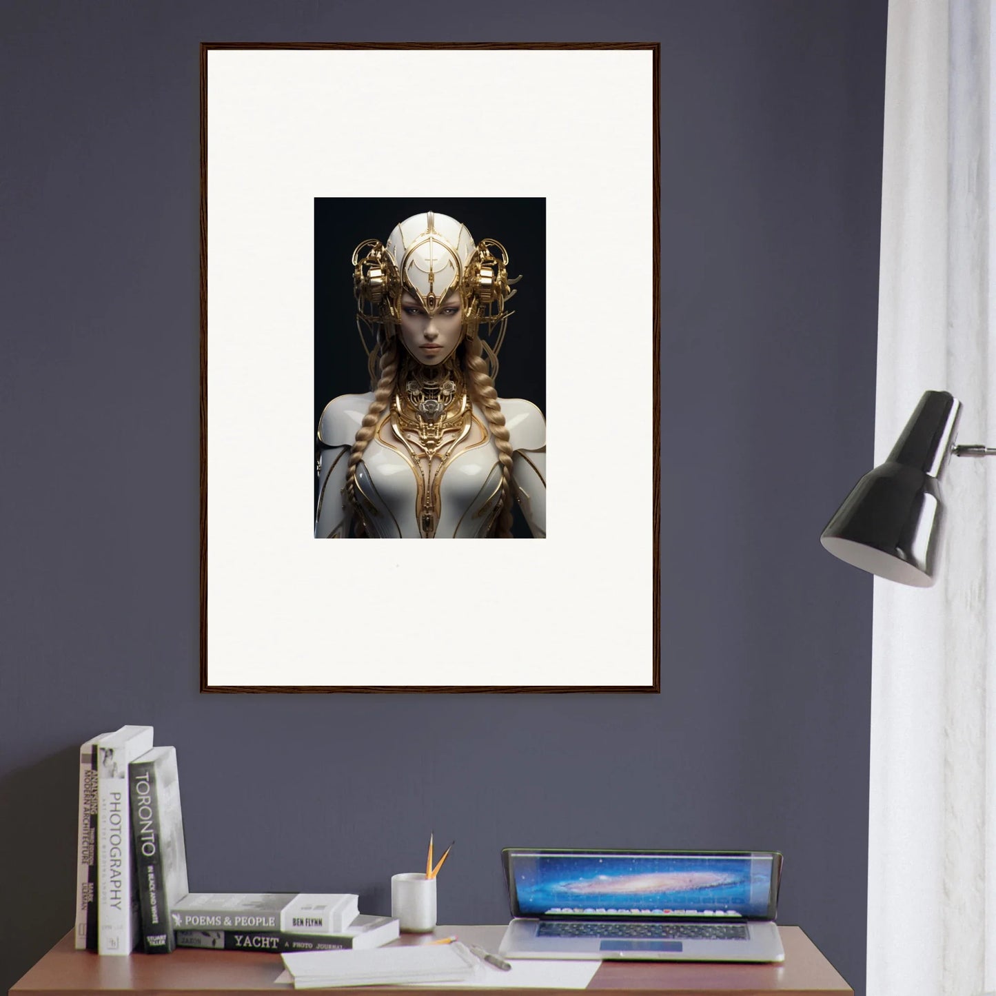 Framed wall art of a humanoid figure in Gilded Cosmos for stunning room decor