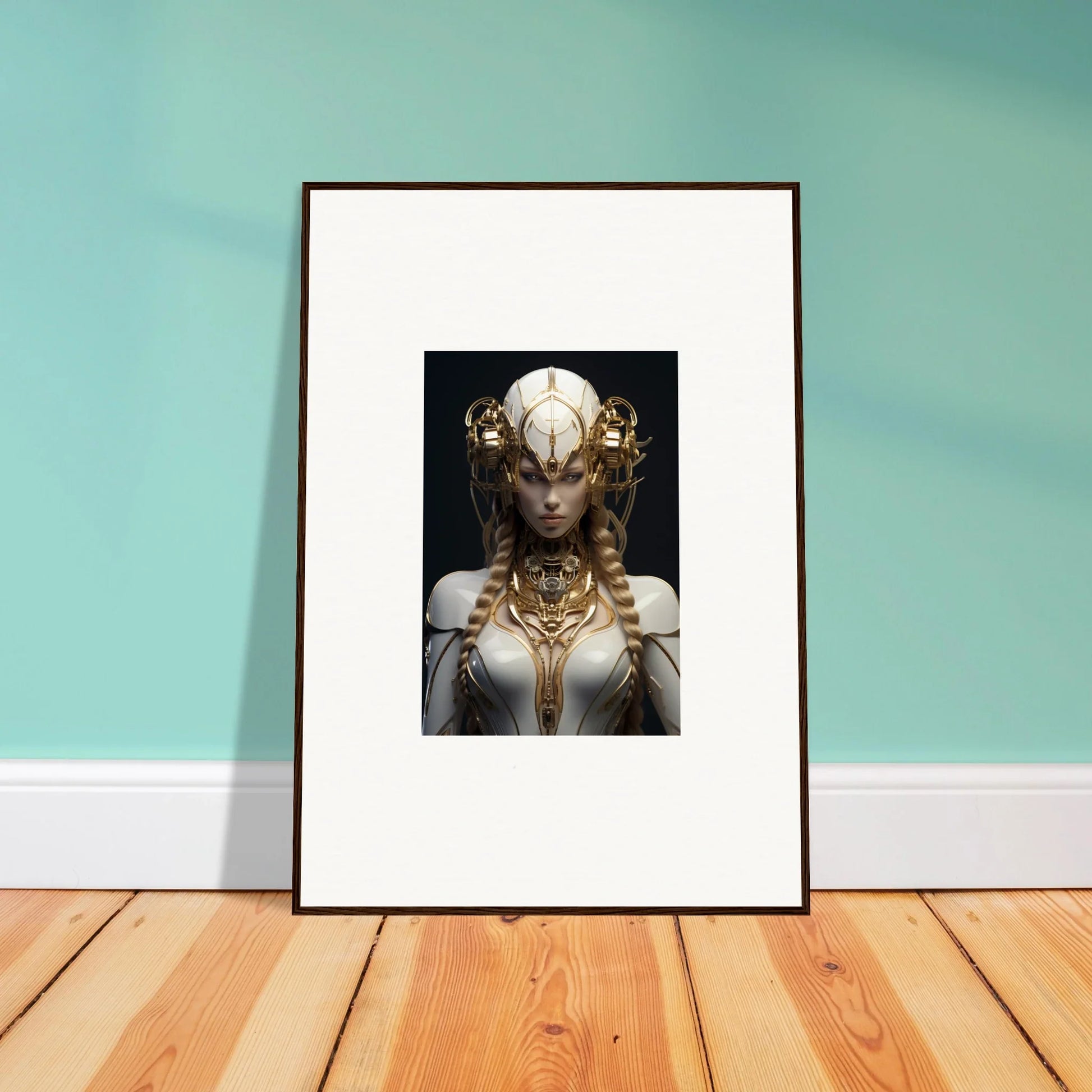 Framed wall art of a humanoid figure in the Gilded Cosmos for stunning room decor