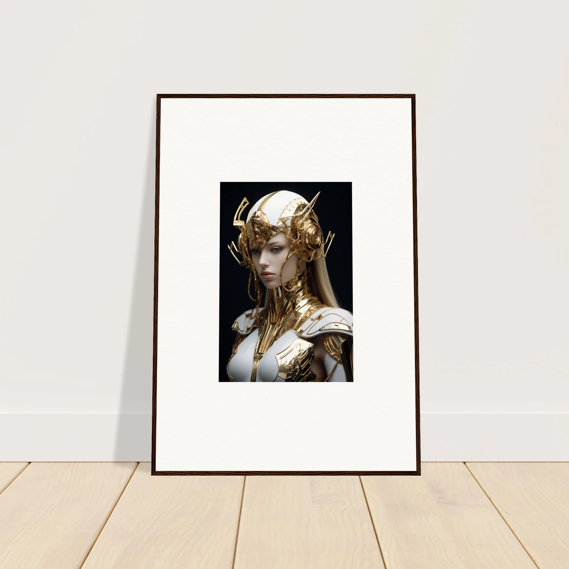 Framed wall art of a fantastical humanoid with Elo Crowne golden armor, ideal room decor