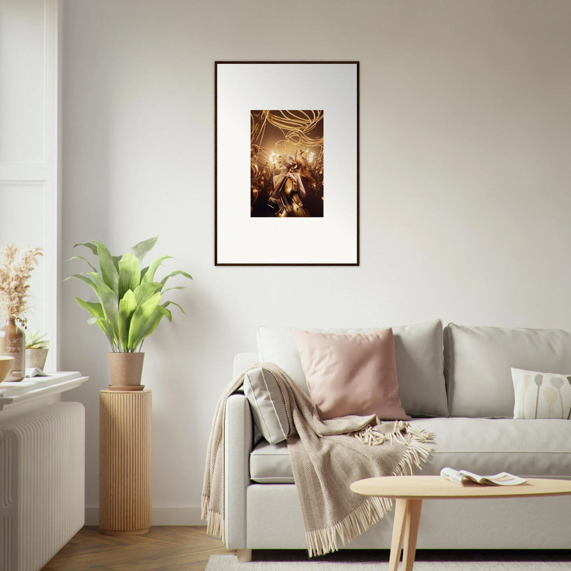 Framed wall art of Golden Harmony Enigma featuring a fantastical scene in golden tones