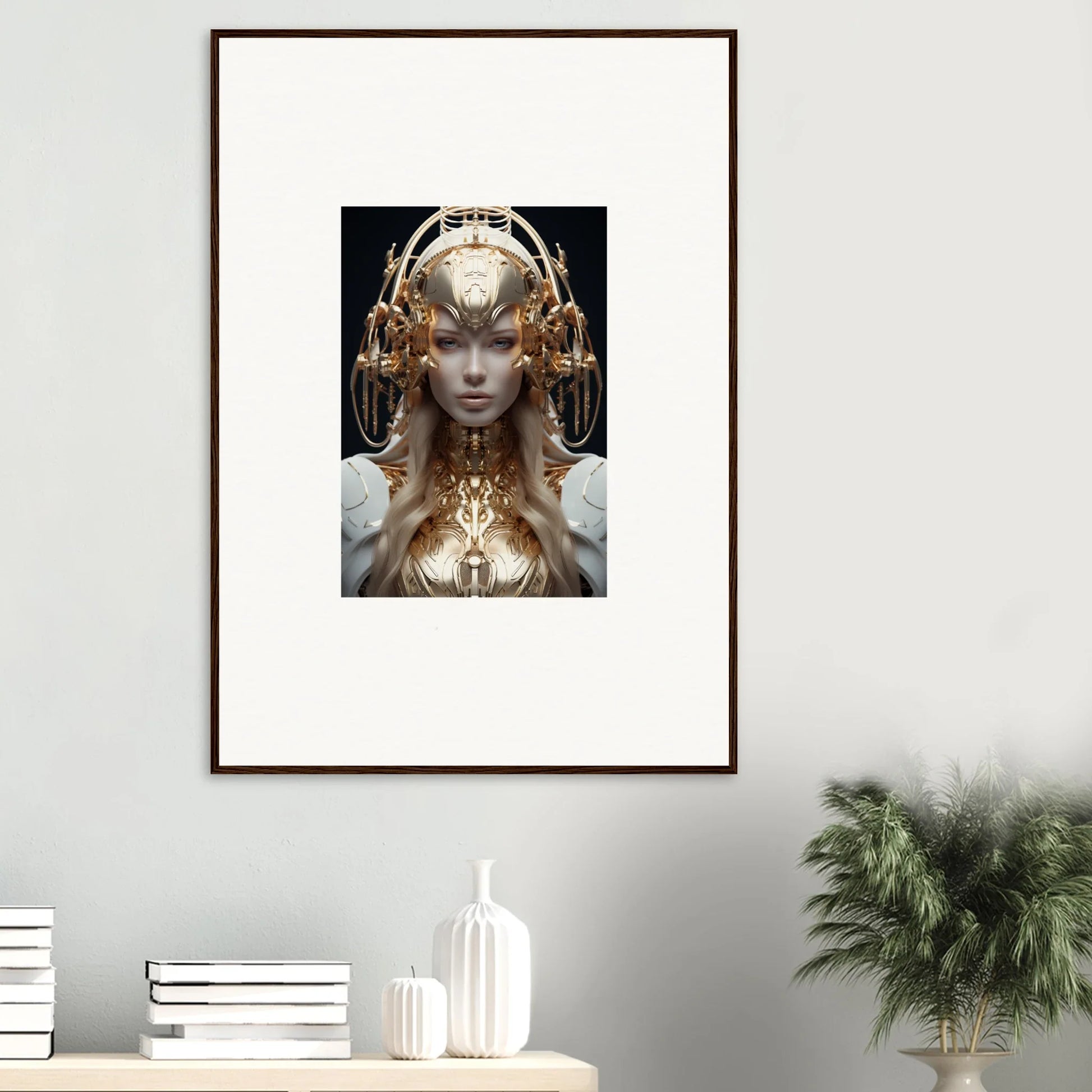 Framed wall art of a golden headdress enhances mind reverie-themed room decor