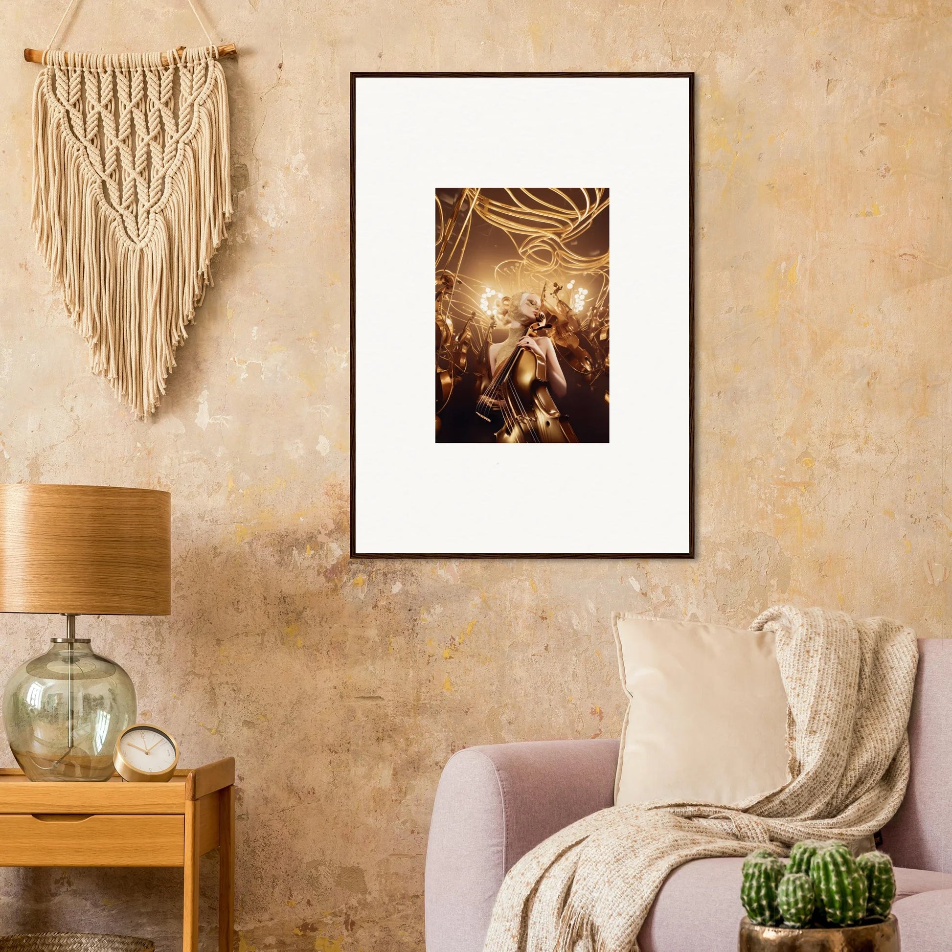 Framed wall art of Golden Harmony Enigma featuring a glowing fantastical scene