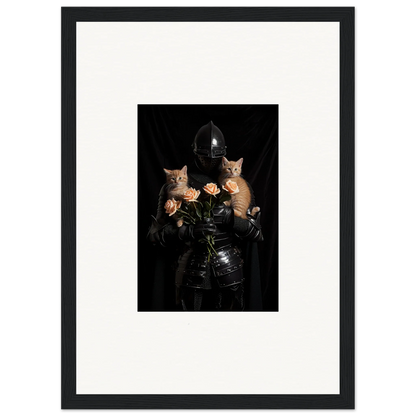 Framed wall art of a figure in leather with cats and roses for floral epiphany room decor