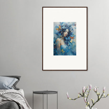 Framed wall art featuring a figure with blue floral hair for dreamy room decor