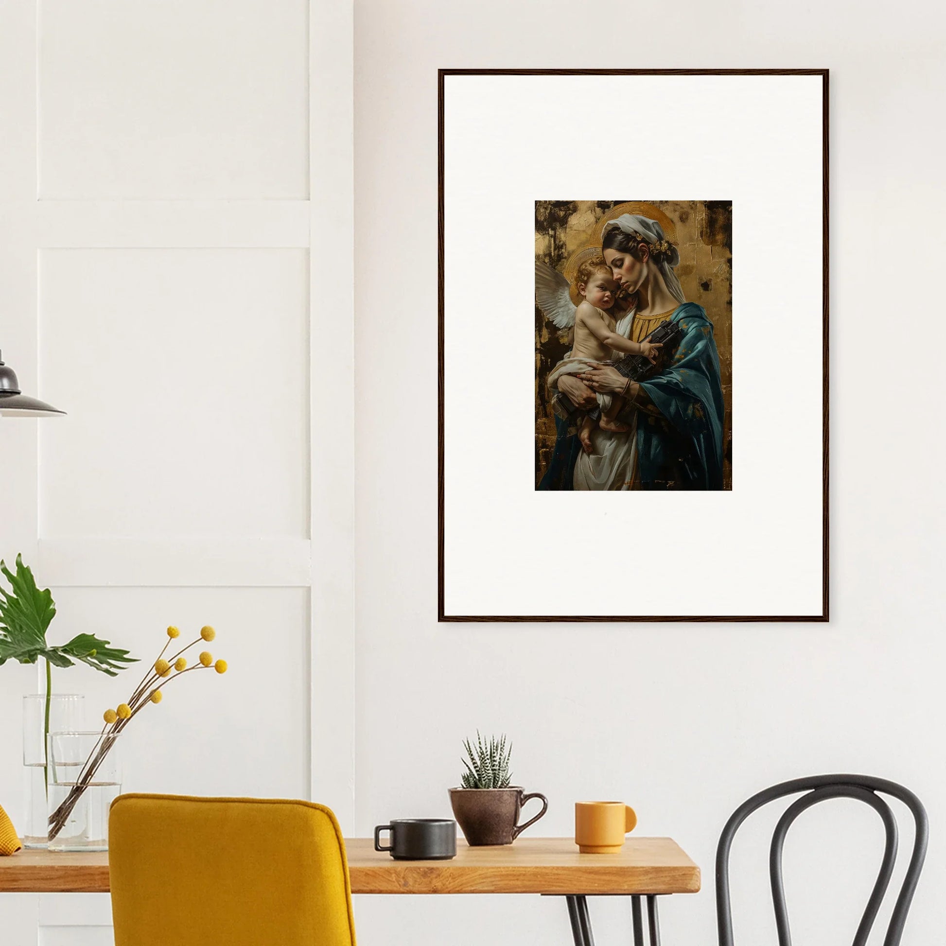 Framed wall art of a figure in blue with a lamb from Metallic Lullabies collection