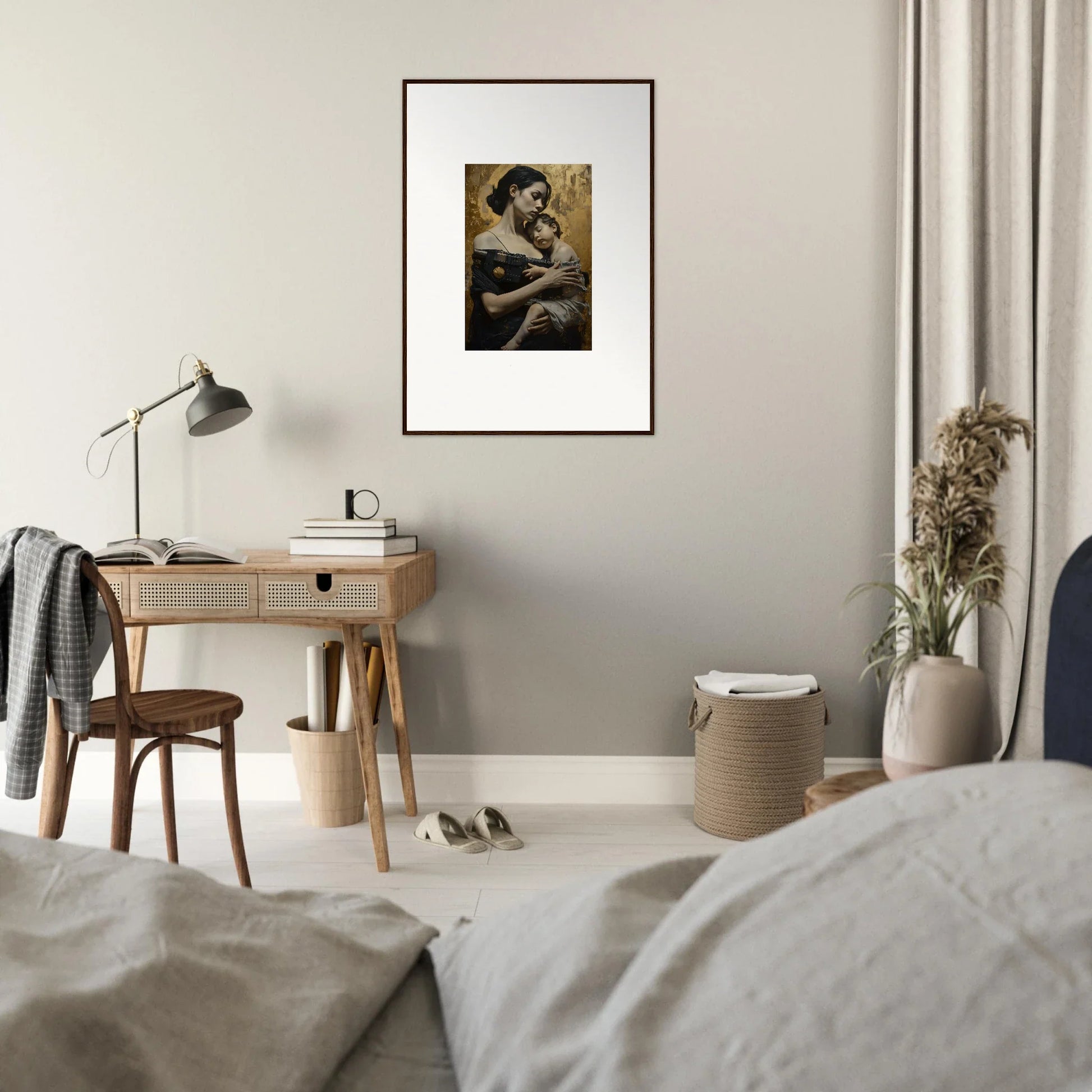 Framed wall art of a reclining figure in Golden Protector Diptych for elegant room decor