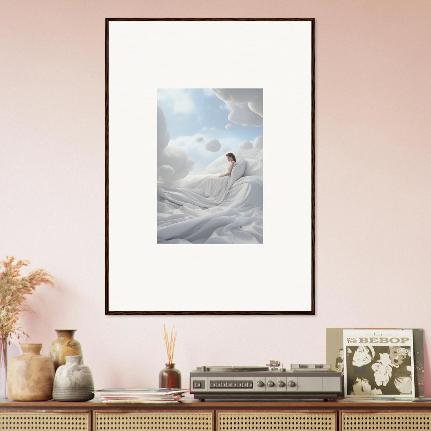 Framed wall art of a figure in clouds, perfect for a Heavenly Cotton Dream decor