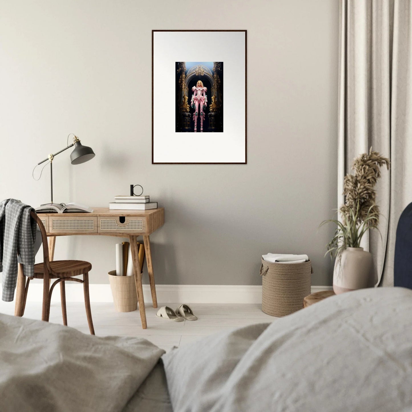 Framed wall art of a figure in colorful outfit, perfect for pastry vanguard room decor