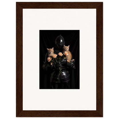 Framed wall art of a figure in dark clothing with cats and roses for floral epiphany decor