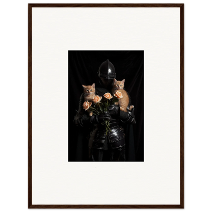 Framed wall art of a figure in dark clothing with orange cats and roses floral epiphany