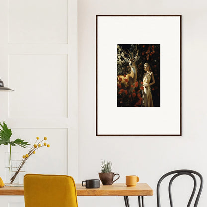 Framed artwork depicting a figure and a deer in a forest setting.