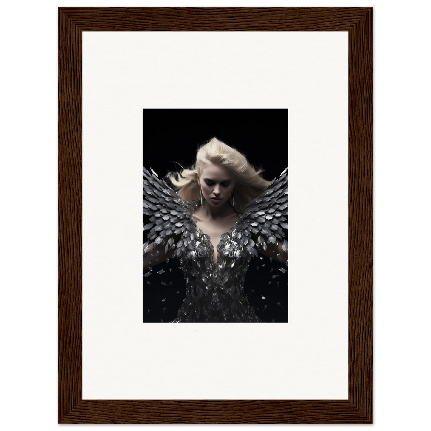 Framed artwork of a figure with metallic wings for Phantom Reverie room decor