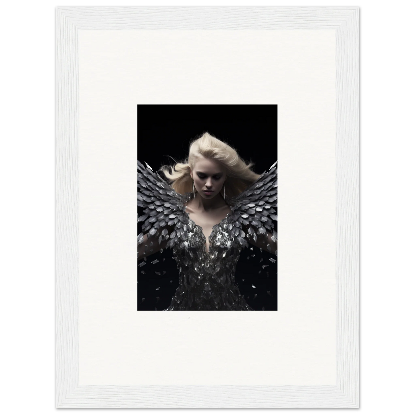 Framed wall art of Glimmer Phantom Reverie featuring a figure with feathered wings