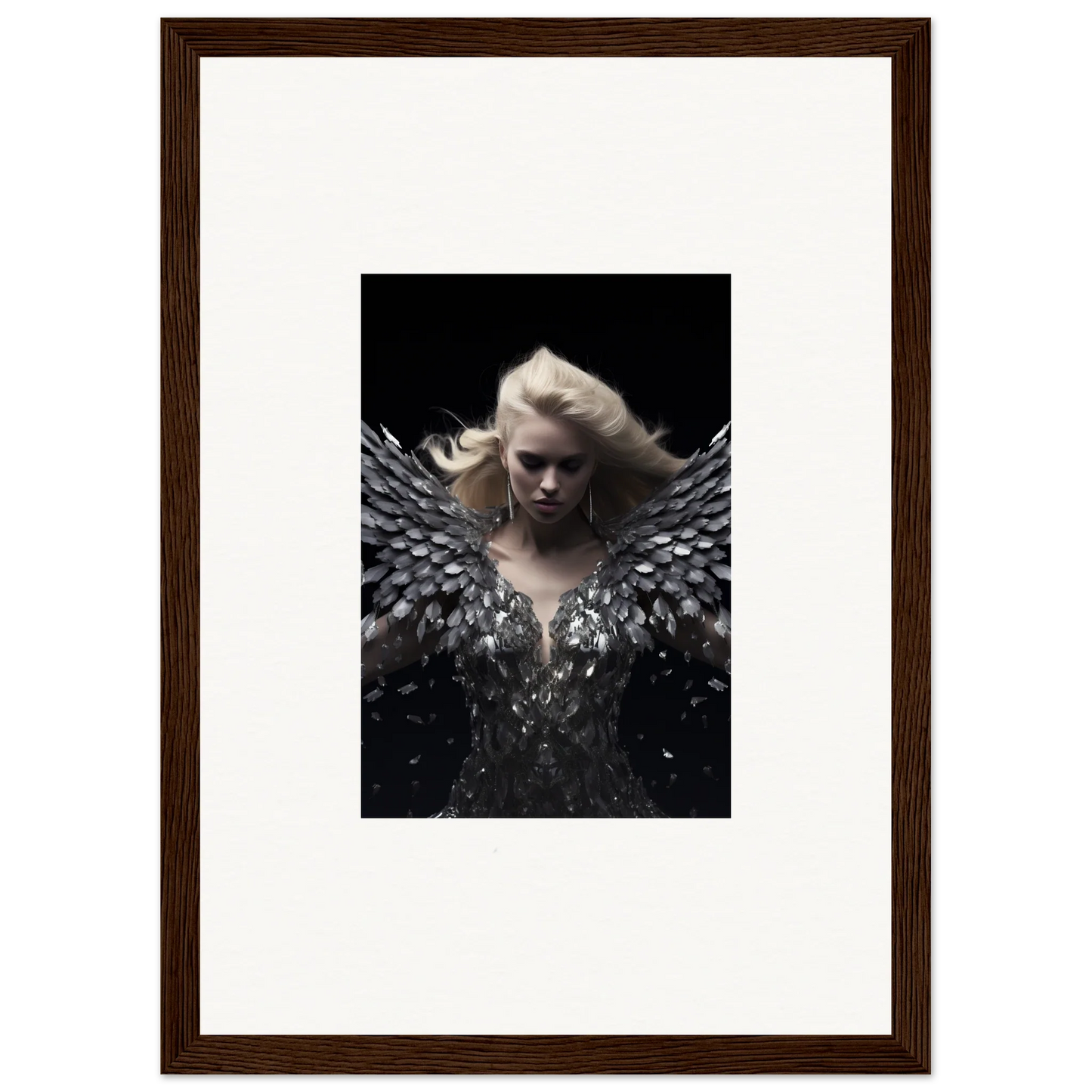 Framed wall art of a figure with dark wings for phantom reverie room decor