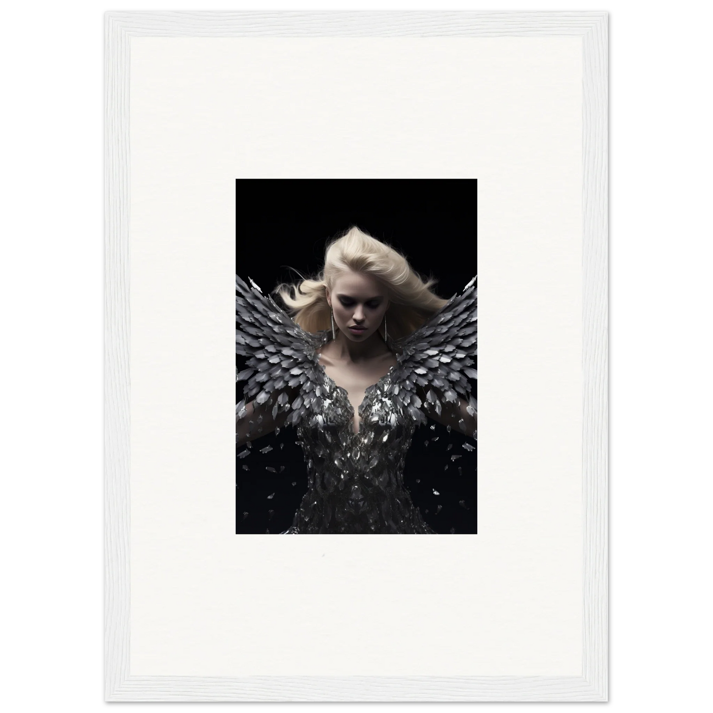 Framed wall art of a figure with black wings for elegant room decor, Phantom Reverie