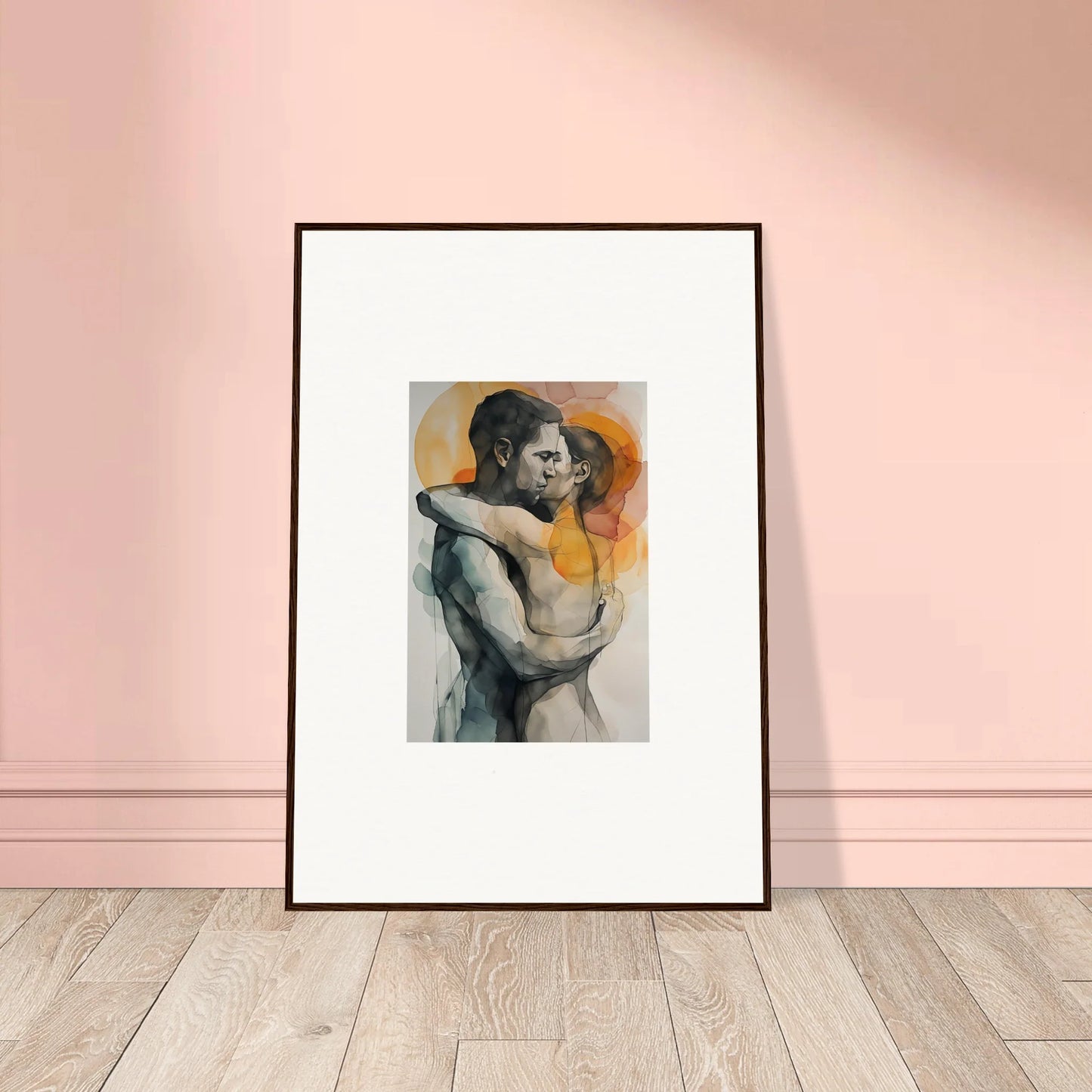 Framed wall art of an embrace in warm tones for morning dichotomy room decor