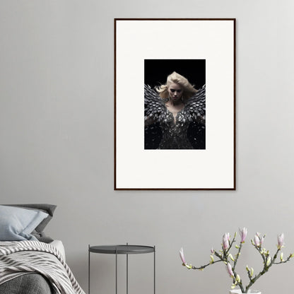 Framed wall art of a figure with feathered wings in Phantom Reverie for room decor