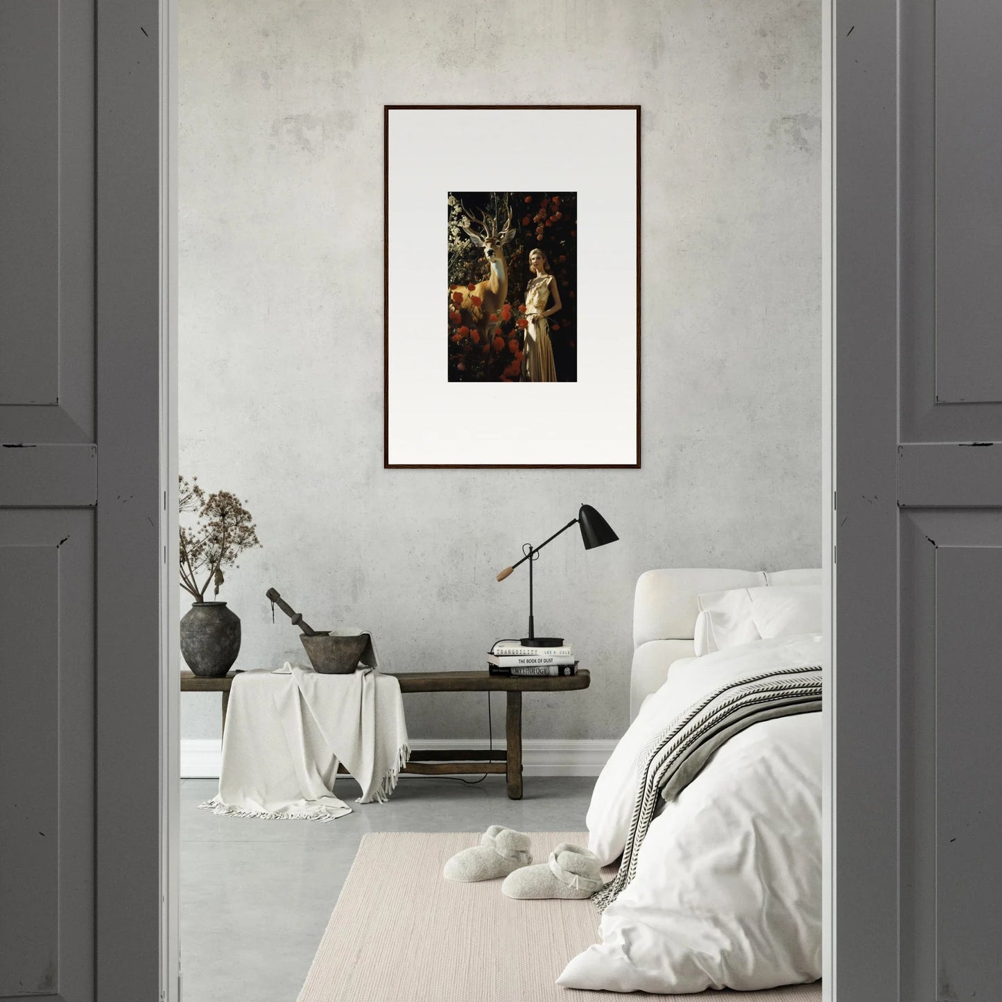 Framed artwork depicting a figure in a forest setting.