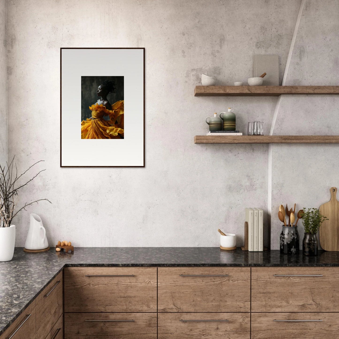 Framed wall art of a figure in a golden dress, enhancing room decor with sunlit whispers