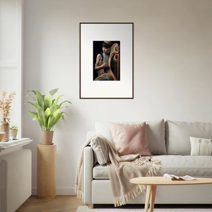 Framed wall art of a figure with a harp for elegant velvet fantasia room decor