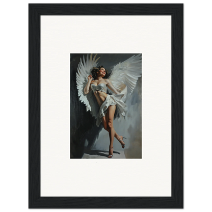 Framed wall art of a figure with large wings for bliss effervescent room decor