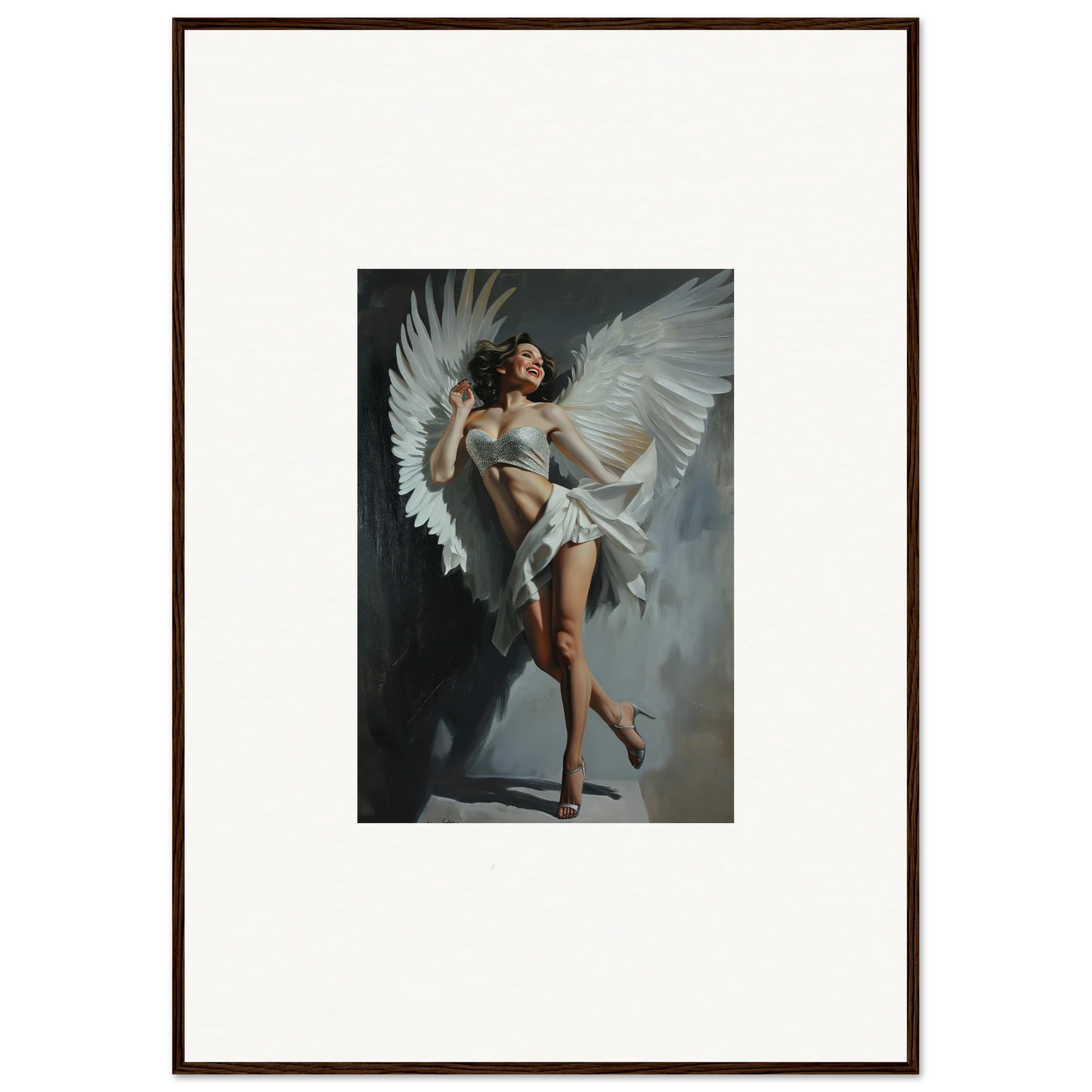 Framed wall art of a figure with white wings for bliss effervescent room decor