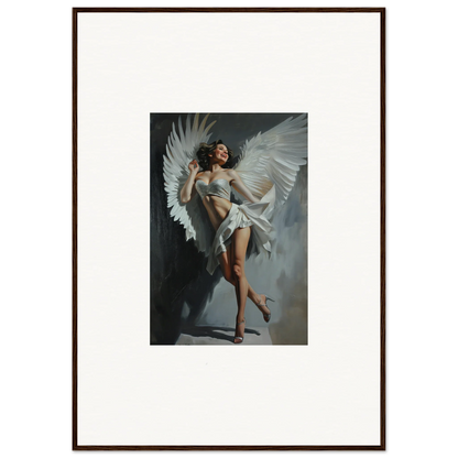 Framed wall art of a figure with white wings for bliss effervescent room decor