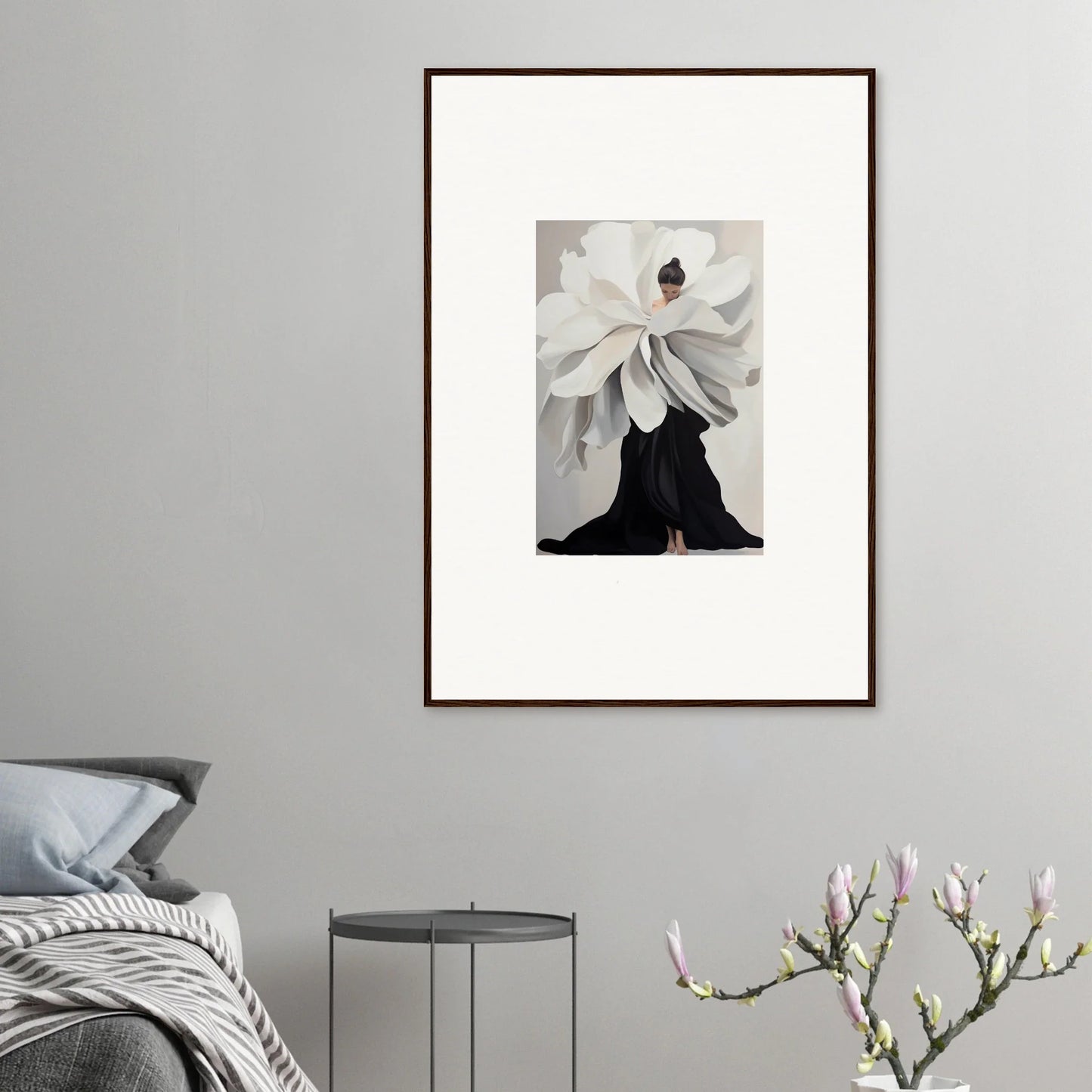 Framed wall art featuring a figure with a flower head for unique room decor, Petal Epoch Ascends