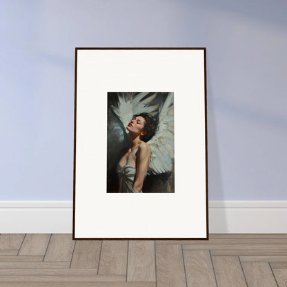 Framed wall art featuring a figure with large white wings for elegant room decor