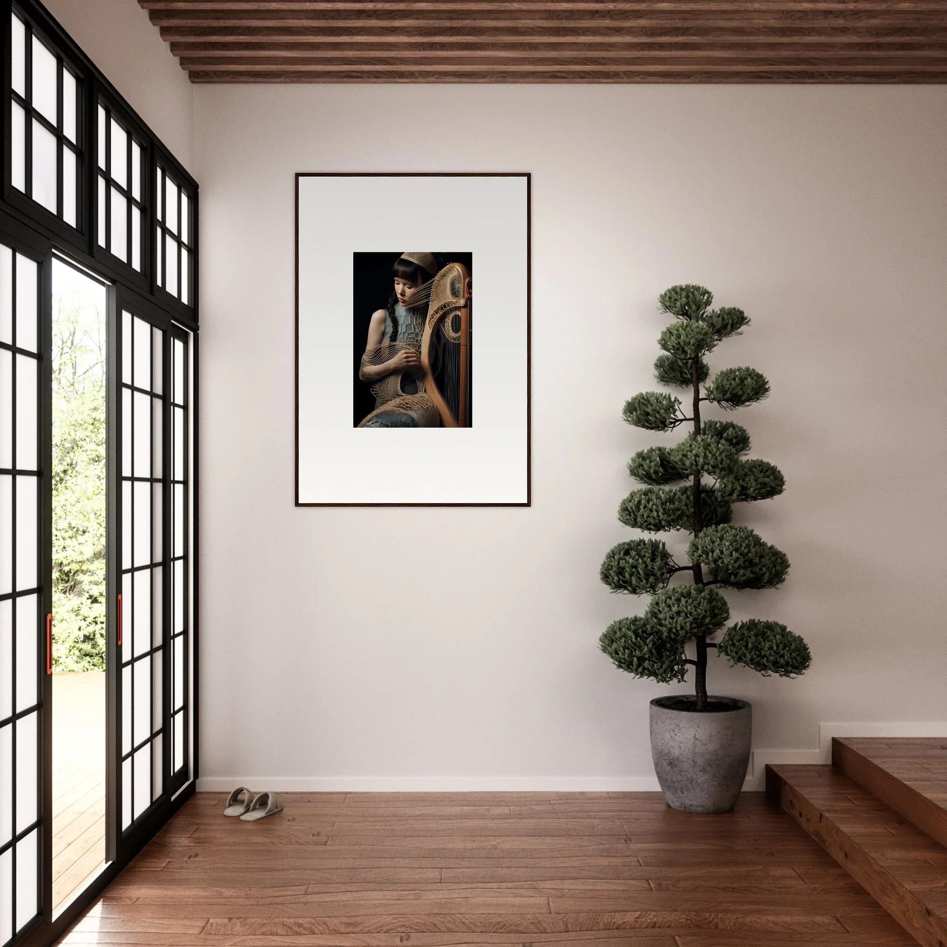 Framed wall art of a figure with a musical instrument for harmonious velvet fantasia room decor