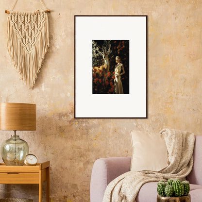 Framed artwork depicting a figure in a mystical forest setting.