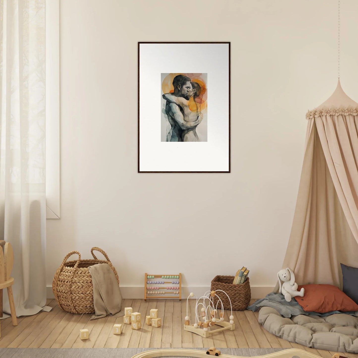 Framed wall art of a figure against an orange background for morning dichotomy room decor