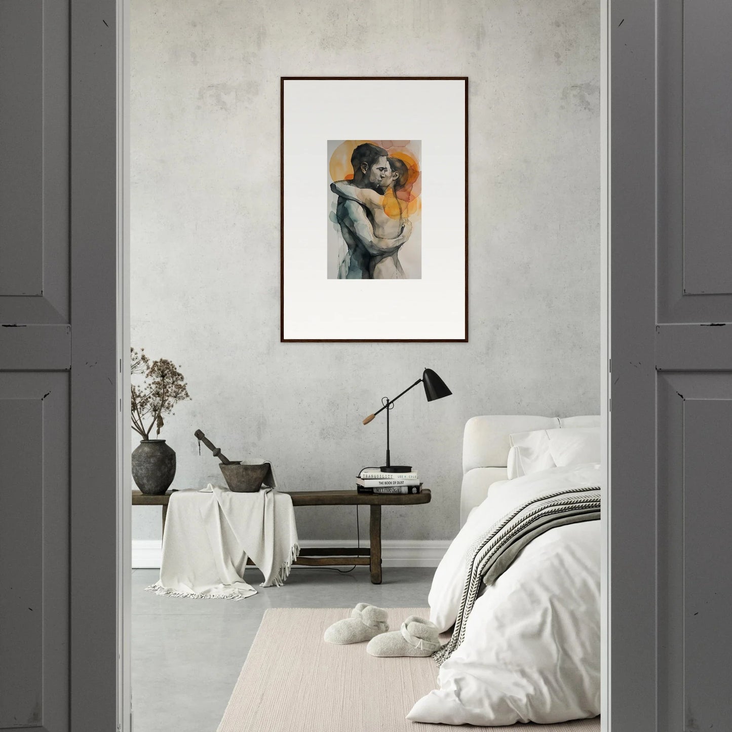 Framed wall art featuring morning dichotomy figure with vibrant orange background