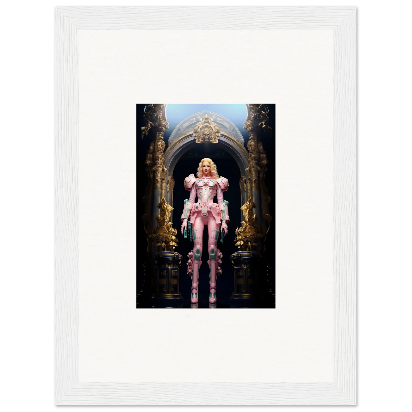 Framed wall art of a figure in pink armor, perfect for pastry vanguard room decor