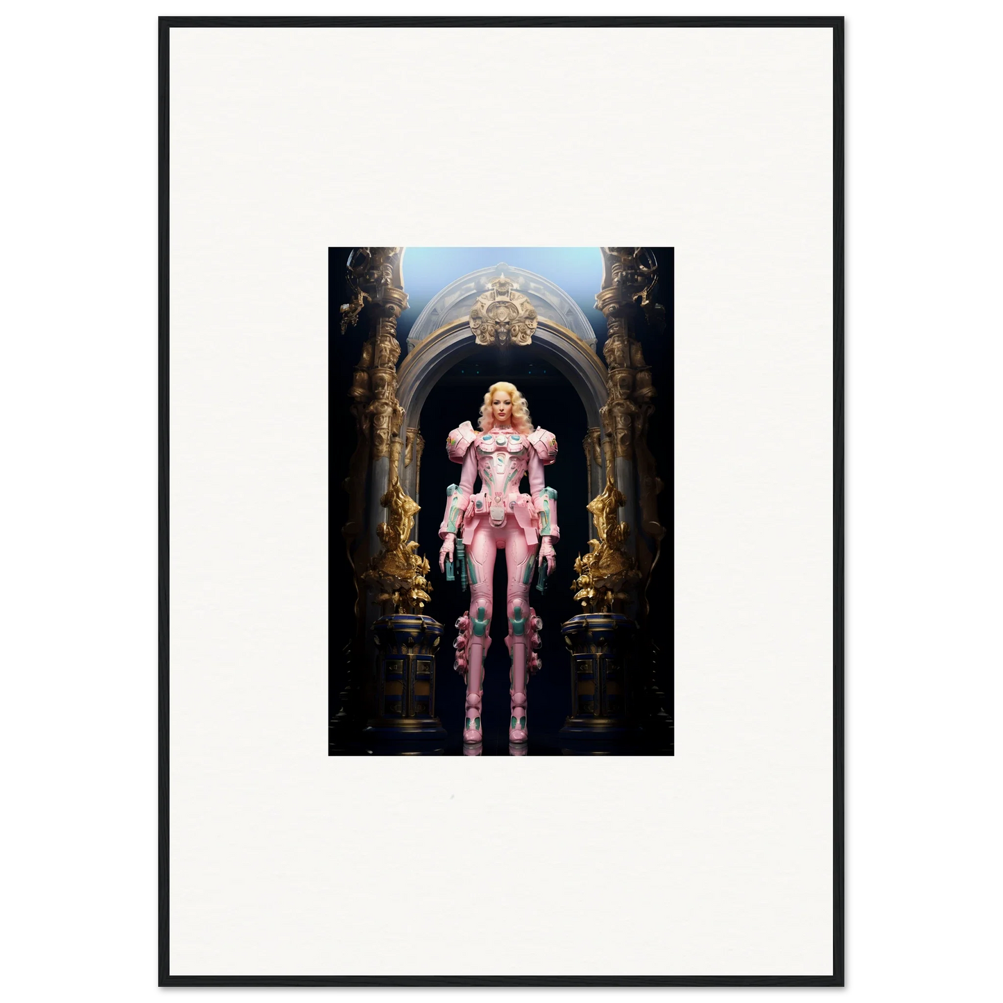 Framed wall art of a figure in ornate pink armor for unique room decor, Pastry Vanguard