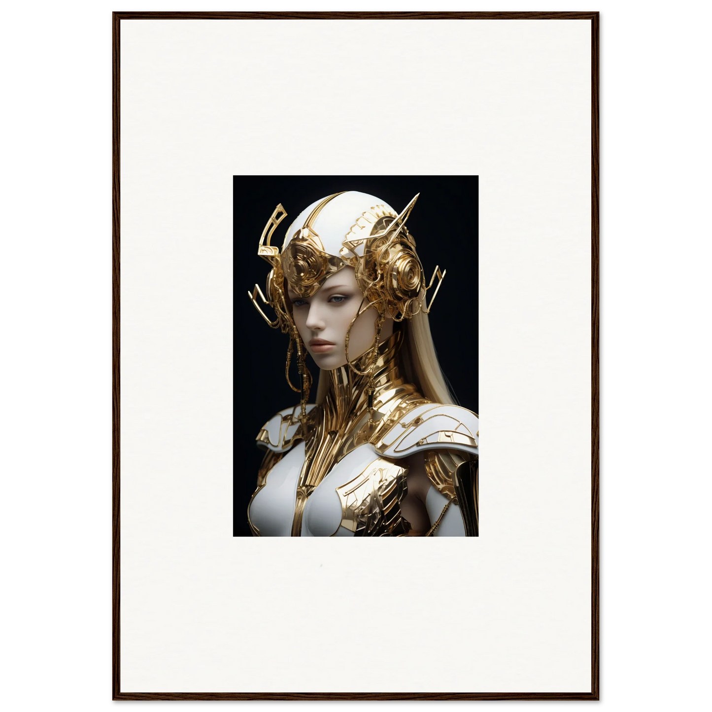 Framed wall art of a figure in ornate golden headdress for stylish room decor