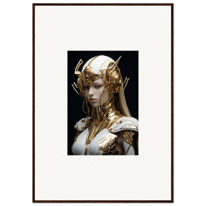 Framed wall art of a figure in ornate golden headdress for stylish room decor