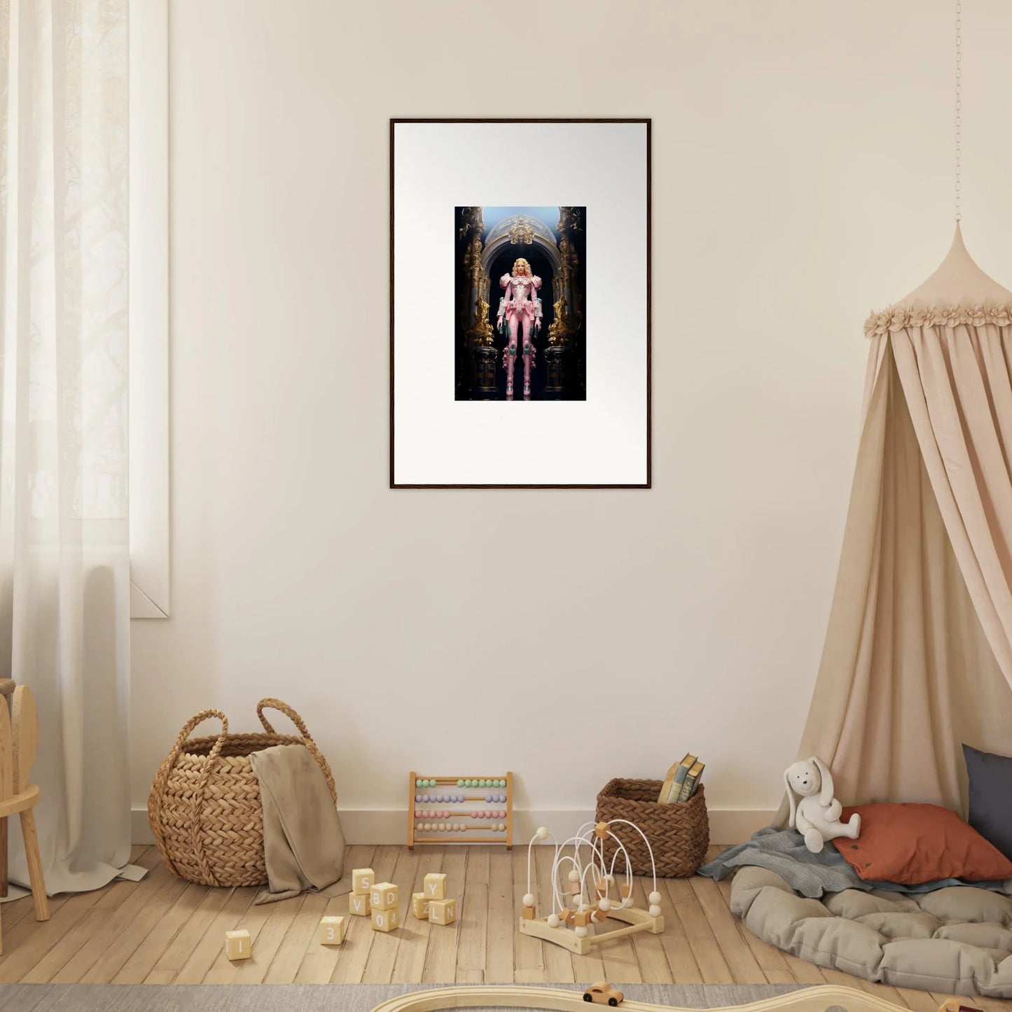 Framed wall art of a figure in a pink outfit for pastry vanguard room decor