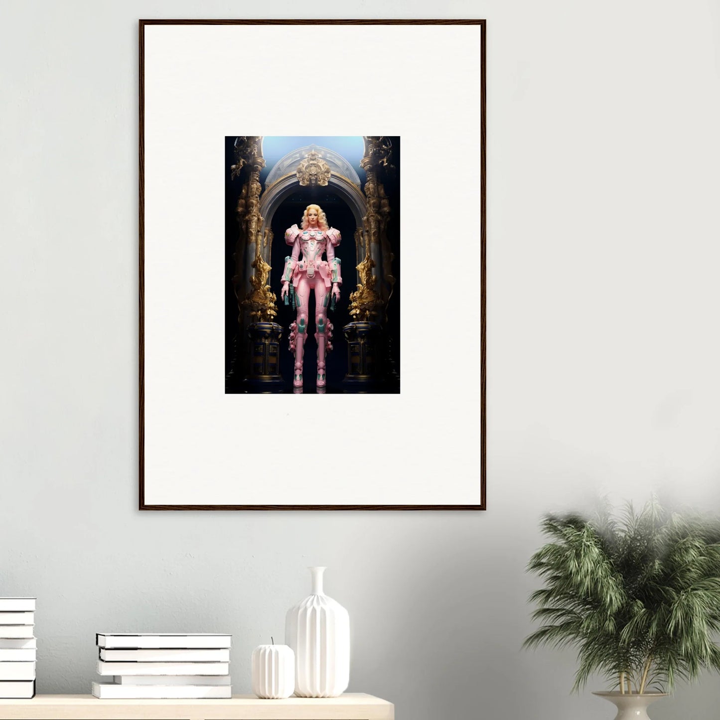 Framed wall art of ornate pink-costumed figure, perfect for Pastry Vanguard room decor