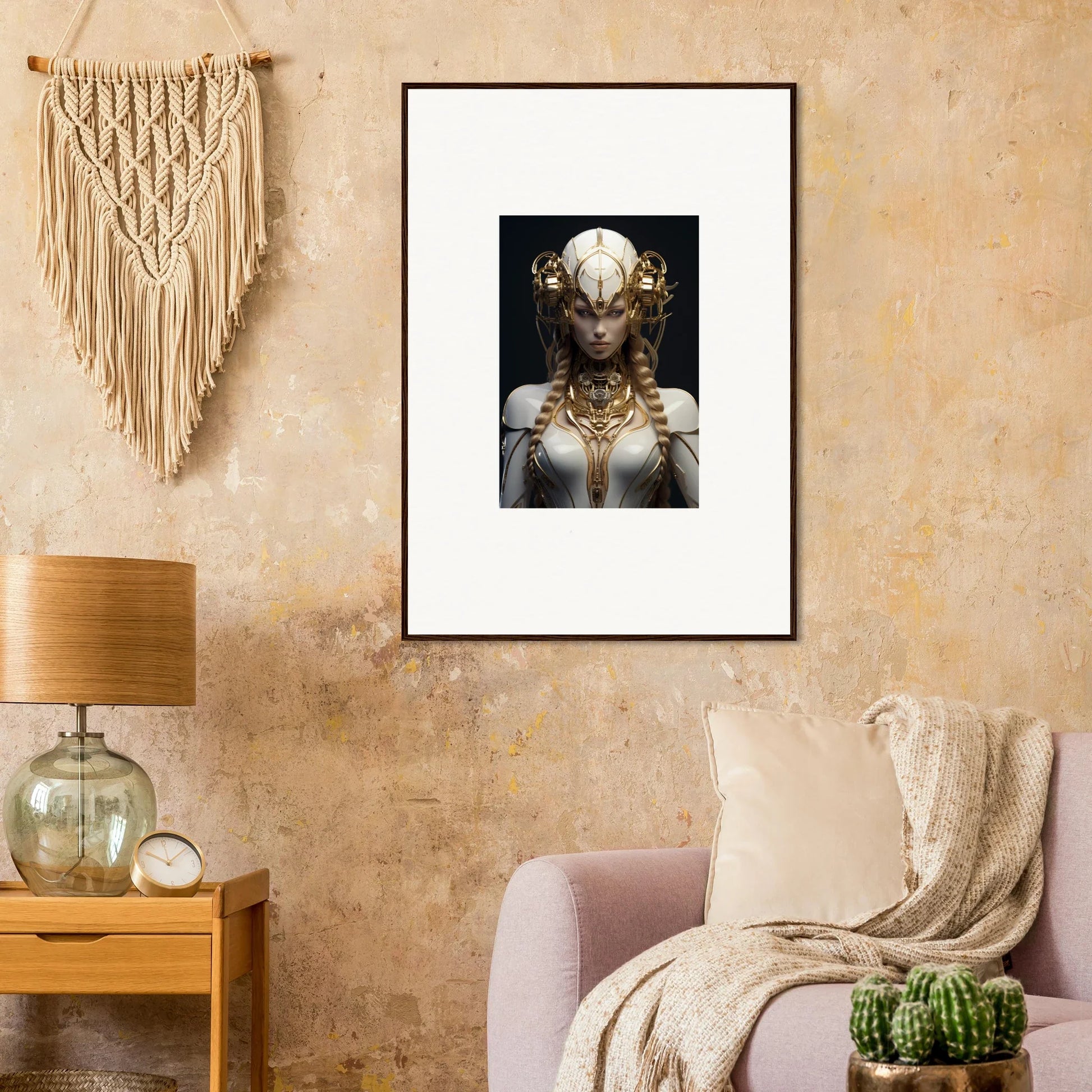 Framed wall art of a figure in ornate headdress for luxurious Gilded Cosmos room decor