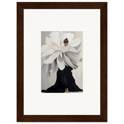 Framed wall art of a figure in oversized flower garment for elegant room decor