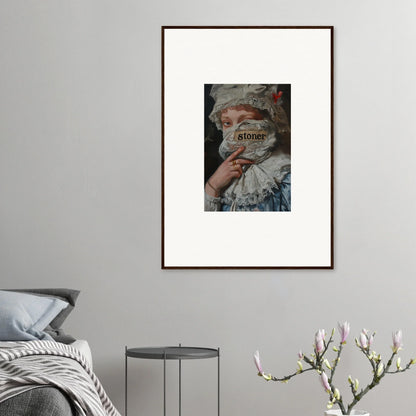 Framed wall art of a figure hiding behind a paper saying almost, ideal room decor marvel muse