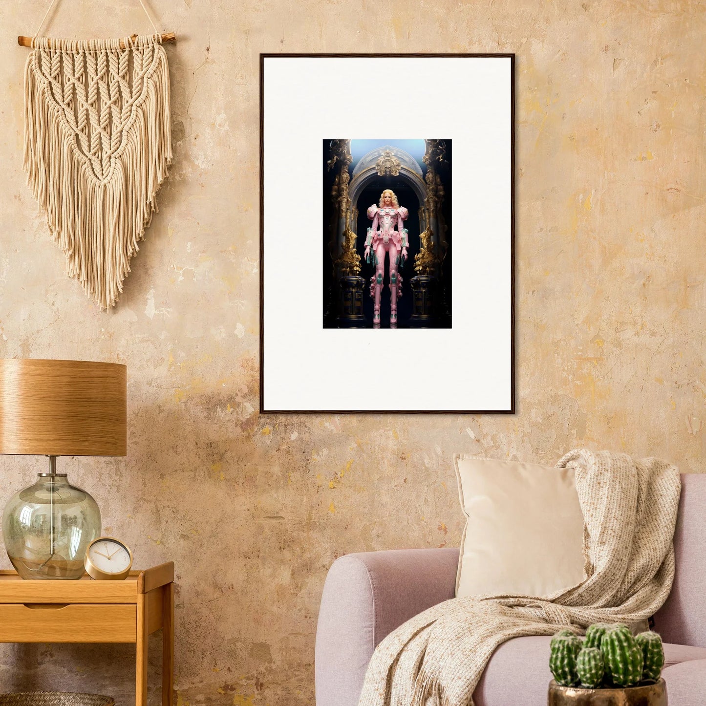 Framed wall art of a figure in pink attire in an ornate archway for elegant room decor