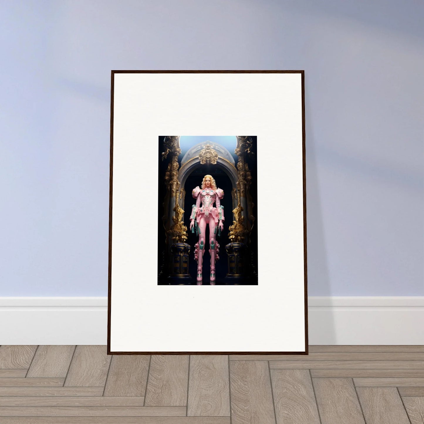 Framed wall art of figure in pink in ornate archway for Pastry Vanguard room decor