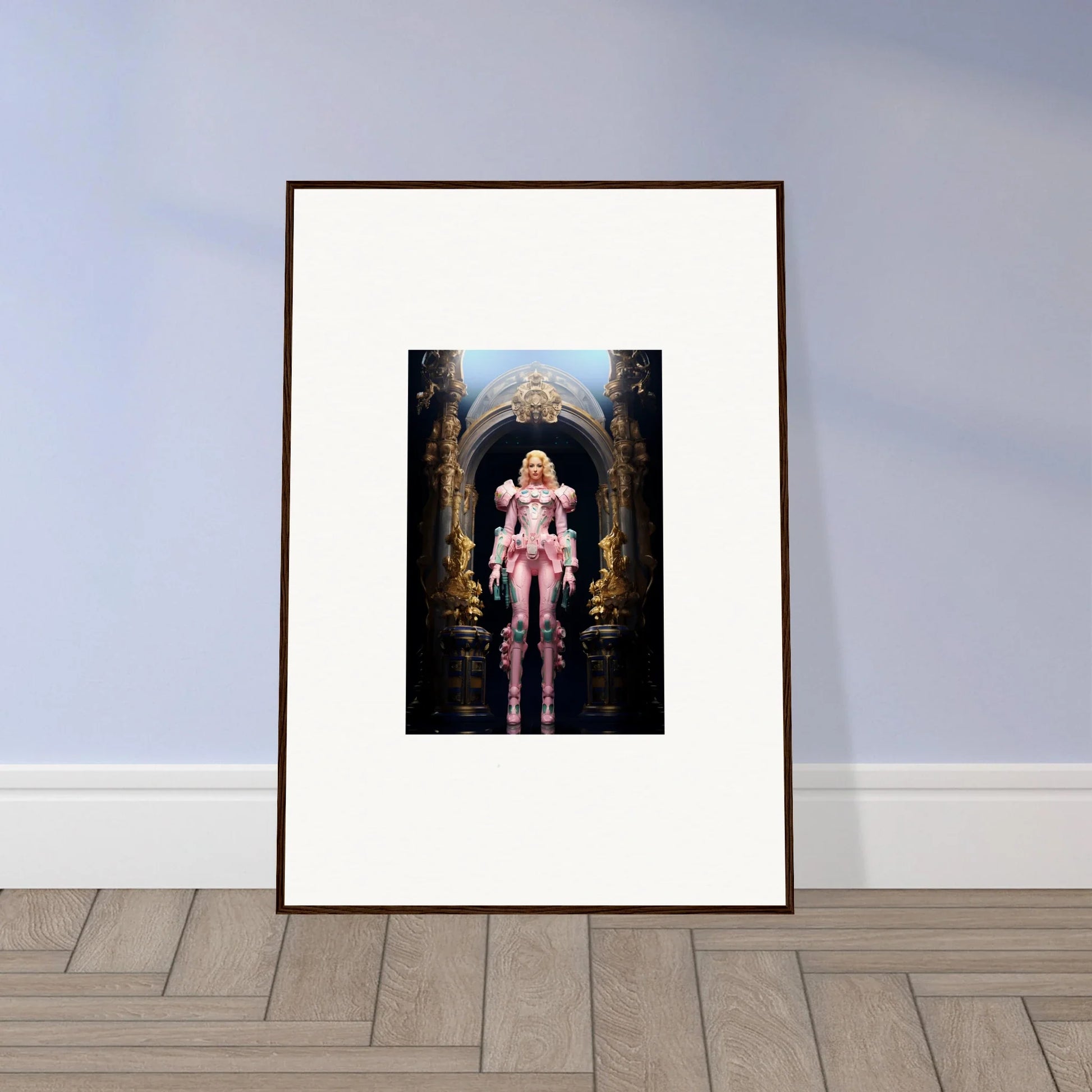 Framed wall art of figure in pink in ornate archway for Pastry Vanguard room decor