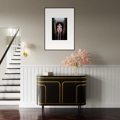 Framed wall art of a pink figure between dark structures for stylish room decor