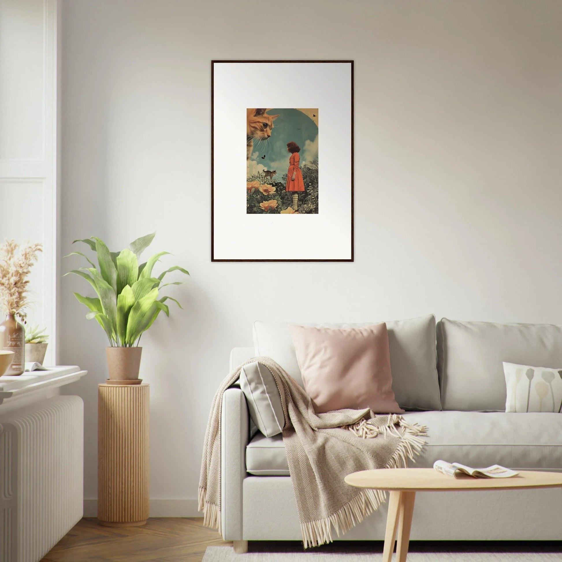 Framed wall art featuring a figure in red with sunflowers and teal background for room decor